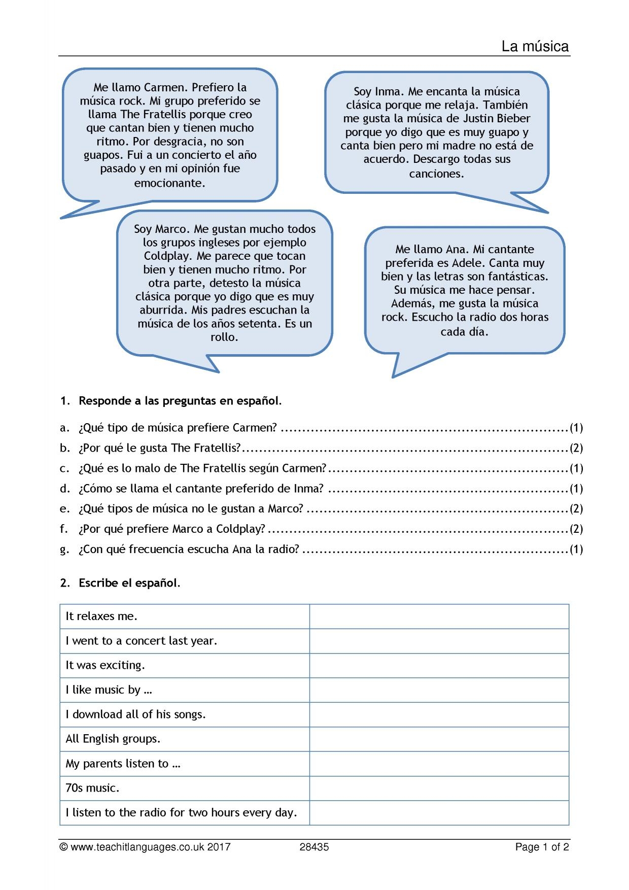 Reading Comprehension Music KS4 Spanish Teaching Resource Teachit Reading Comprehension Music KS4 Spanish Teaching Resource Teachit