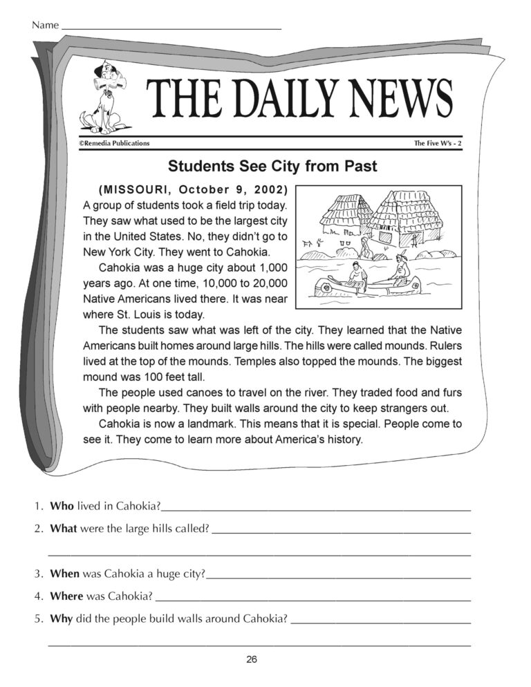 Reading Comprehension Passages 5W s Short Stories