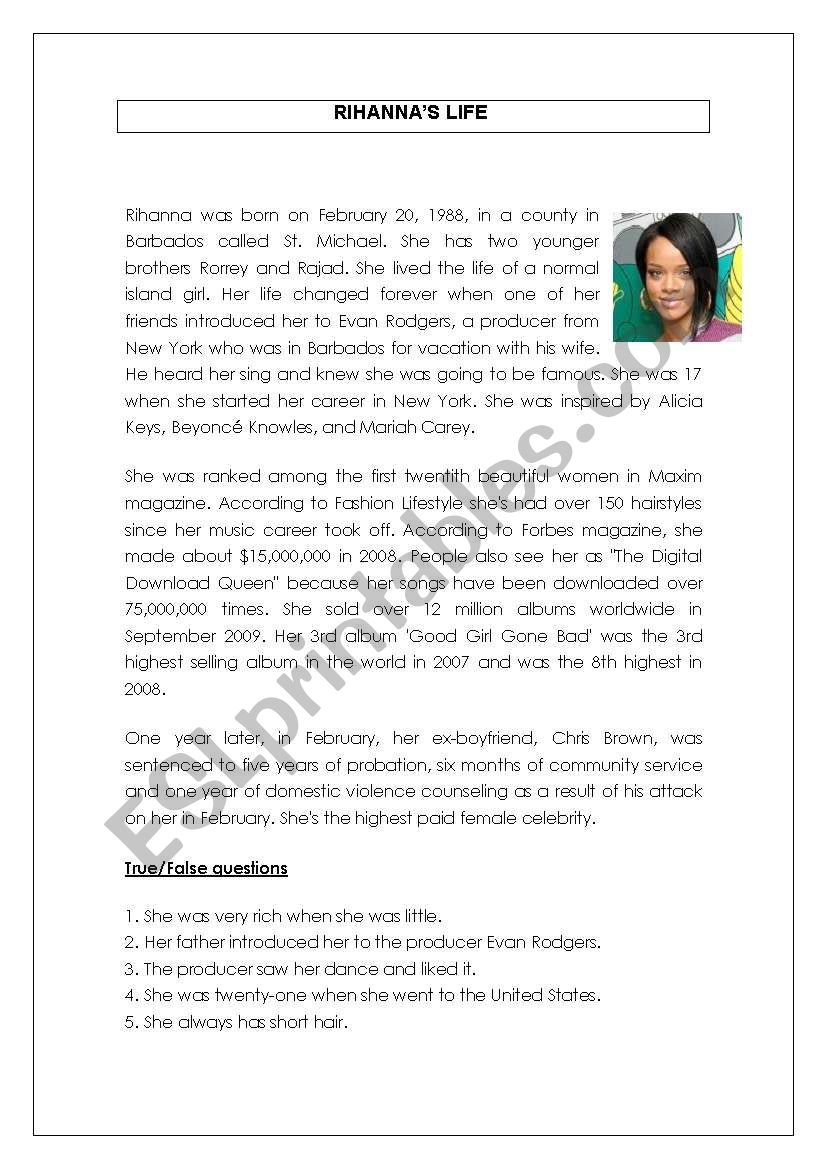 Reading Comprehension Rihanna Biography ESL Worksheet By Brigittebrigitte Reading Comprehension Rihanna Biography ESL Worksheet By Brigittebrigitte