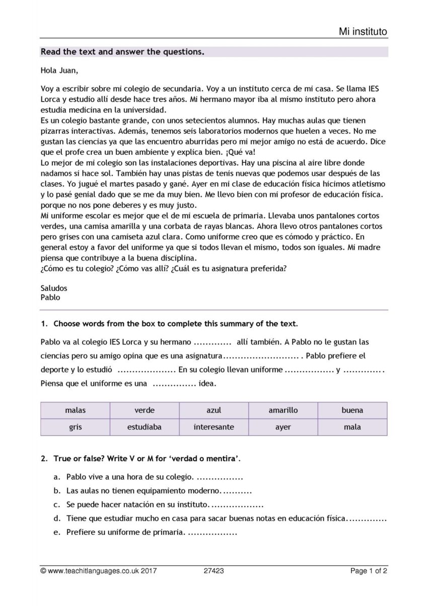 Reading Comprehension School KS4 Spanish Teaching Resource Teachit