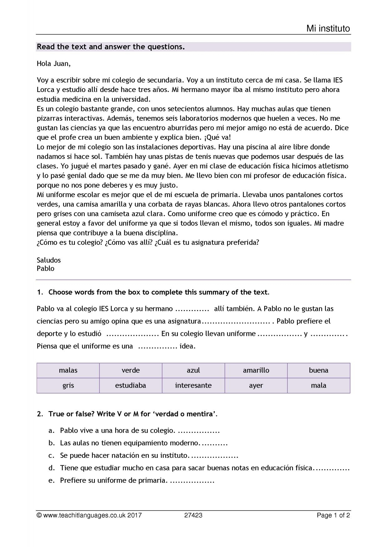 Reading Comprehension School KS4 Spanish Teaching Resource Teachit Reading Comprehension School KS4 Spanish Teaching Resource Teachit