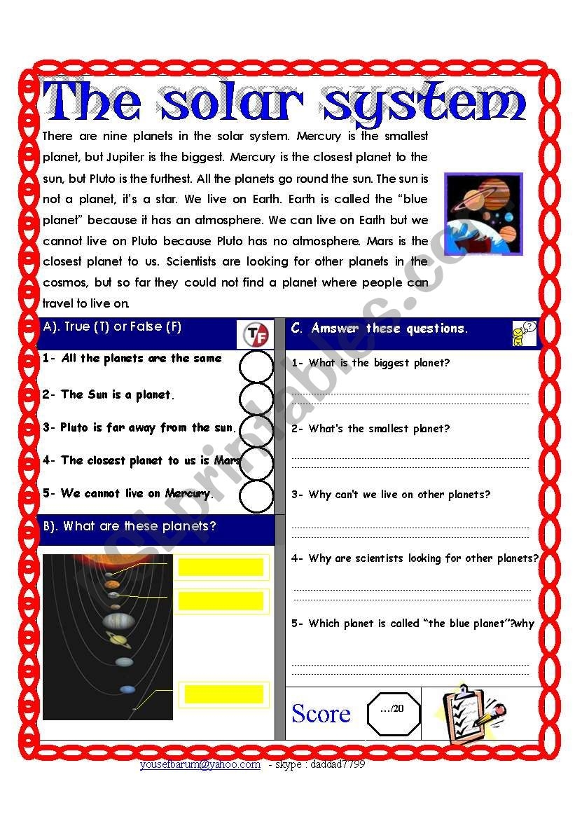 Reading Comprehension Test Theme The Solar System ESL Worksheet By Shmiskeen Reading Comprehension Test Theme The Solar System ESL Worksheet By Shmiskeen