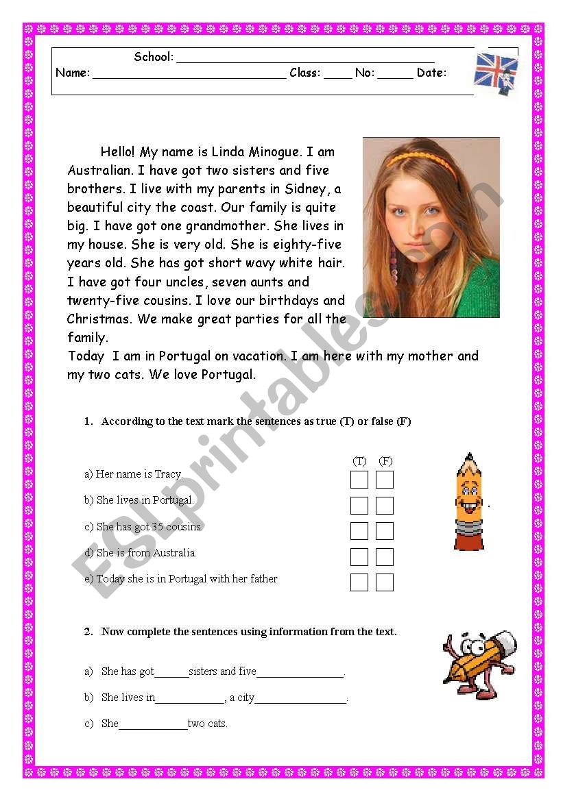 Reading Comprehension Test Worksheet Family Physical Description Worksheets Library
