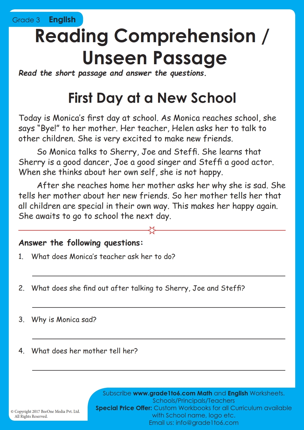 Reading Comprehension Worksheet Grade 3 Grade1to6 Reading Comprehension Worksheet Grade 3 Grade1to6
