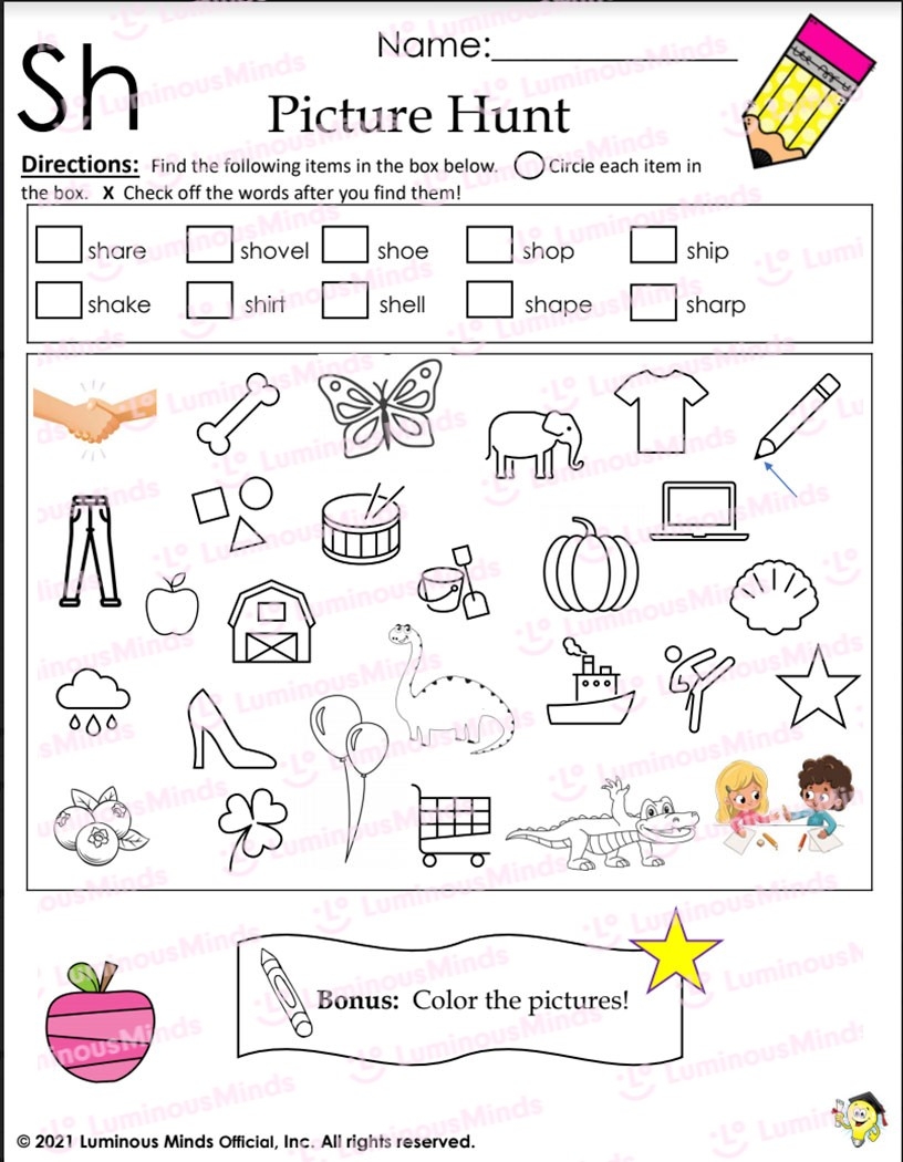 Reading Comprehension Worksheets Digraph sh Vocabulary Building Picture Hunt