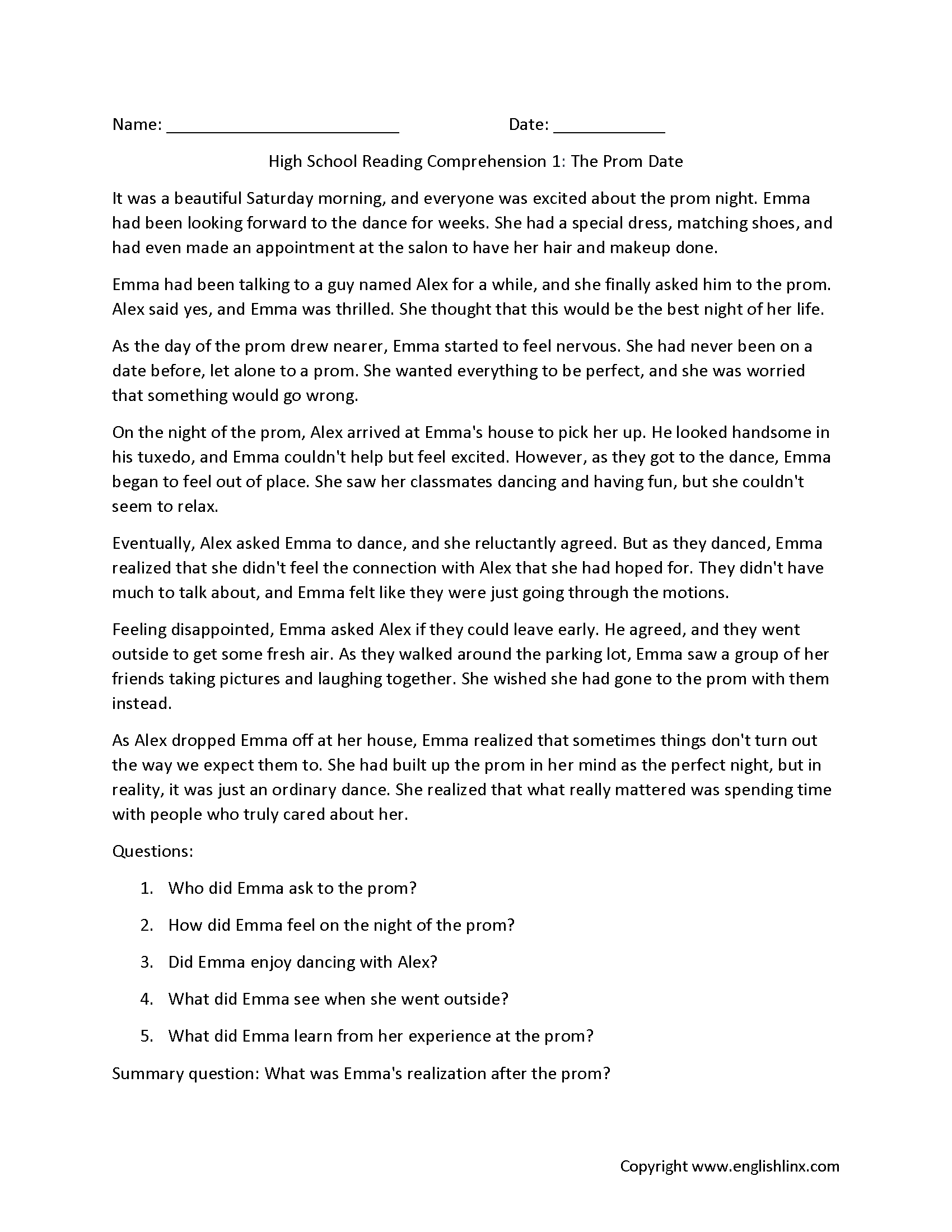 Reading Comprehension Worksheets High School Reading 