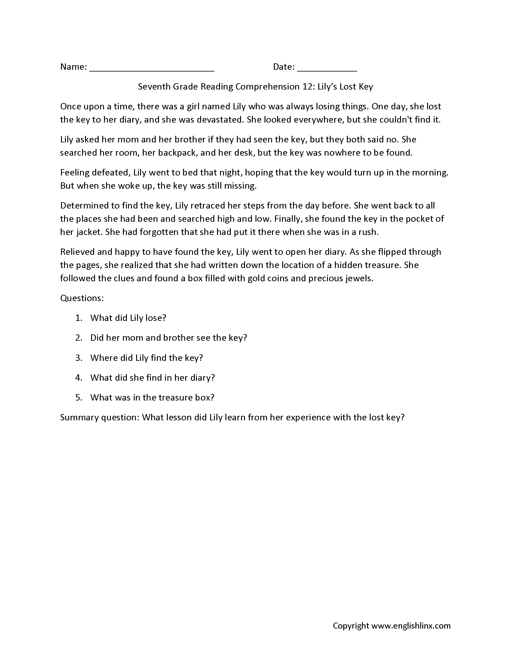 Reading Comprehension Worksheets Seventh Grade Reading 