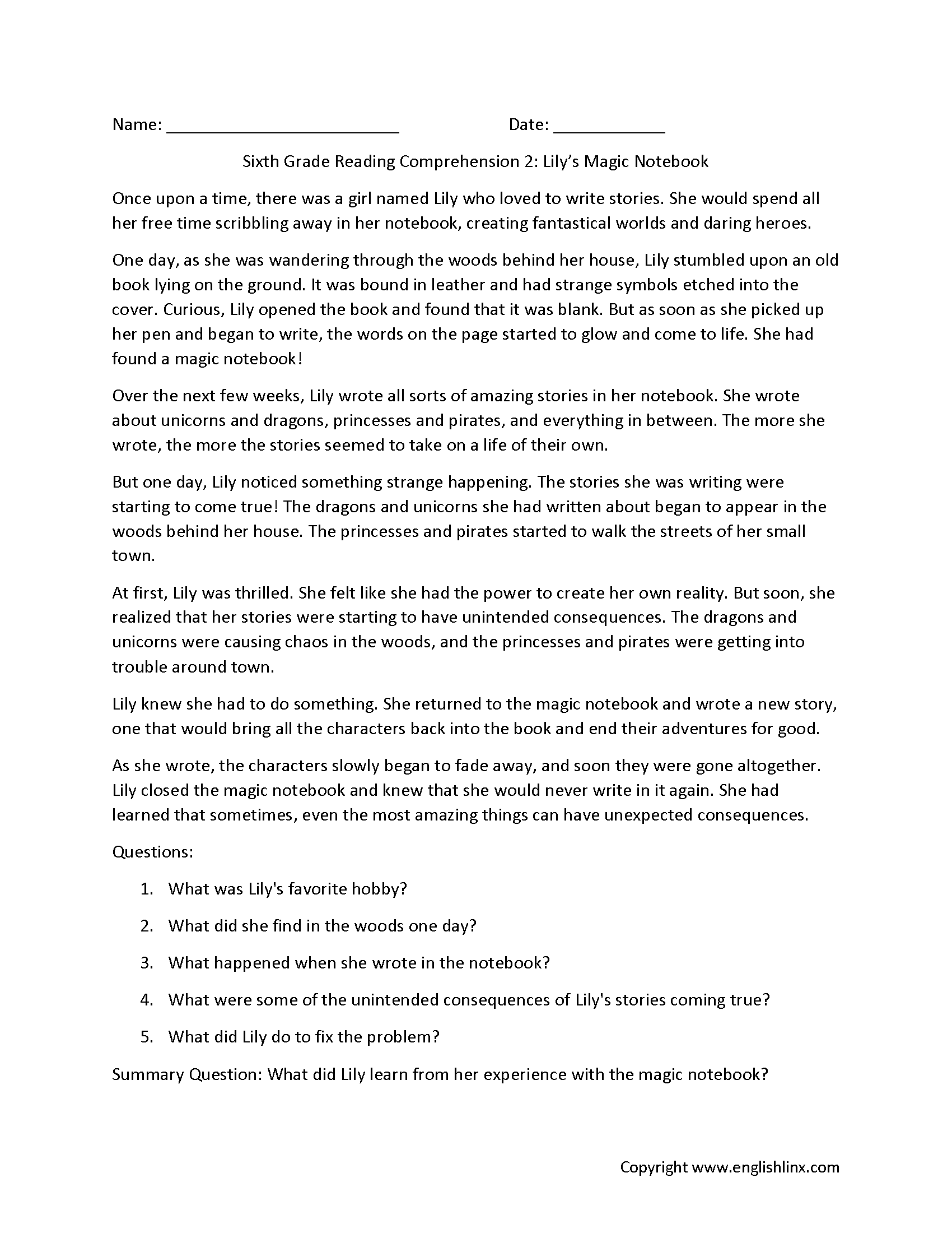 Fiction Reading Comprehension Worksheets 6th Grade