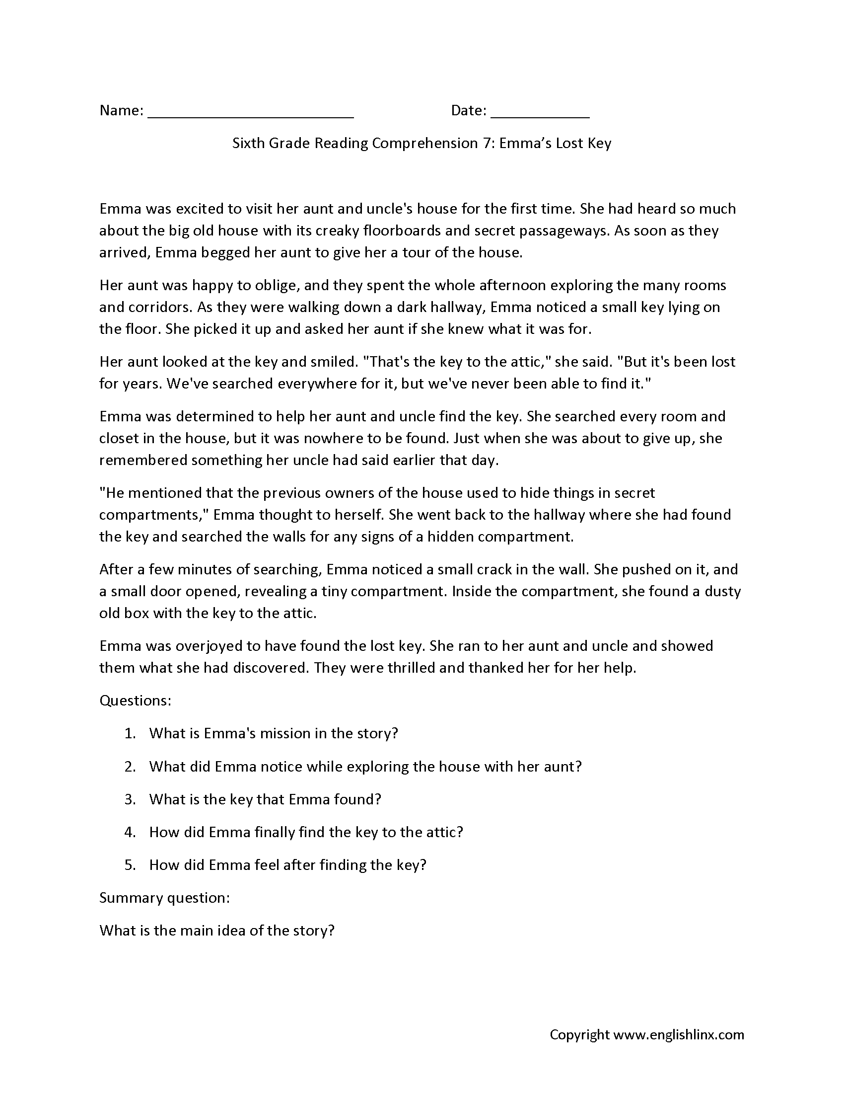 Reading Comprehension Worksheets Sixth Grade Reading Comprehension Worksheets