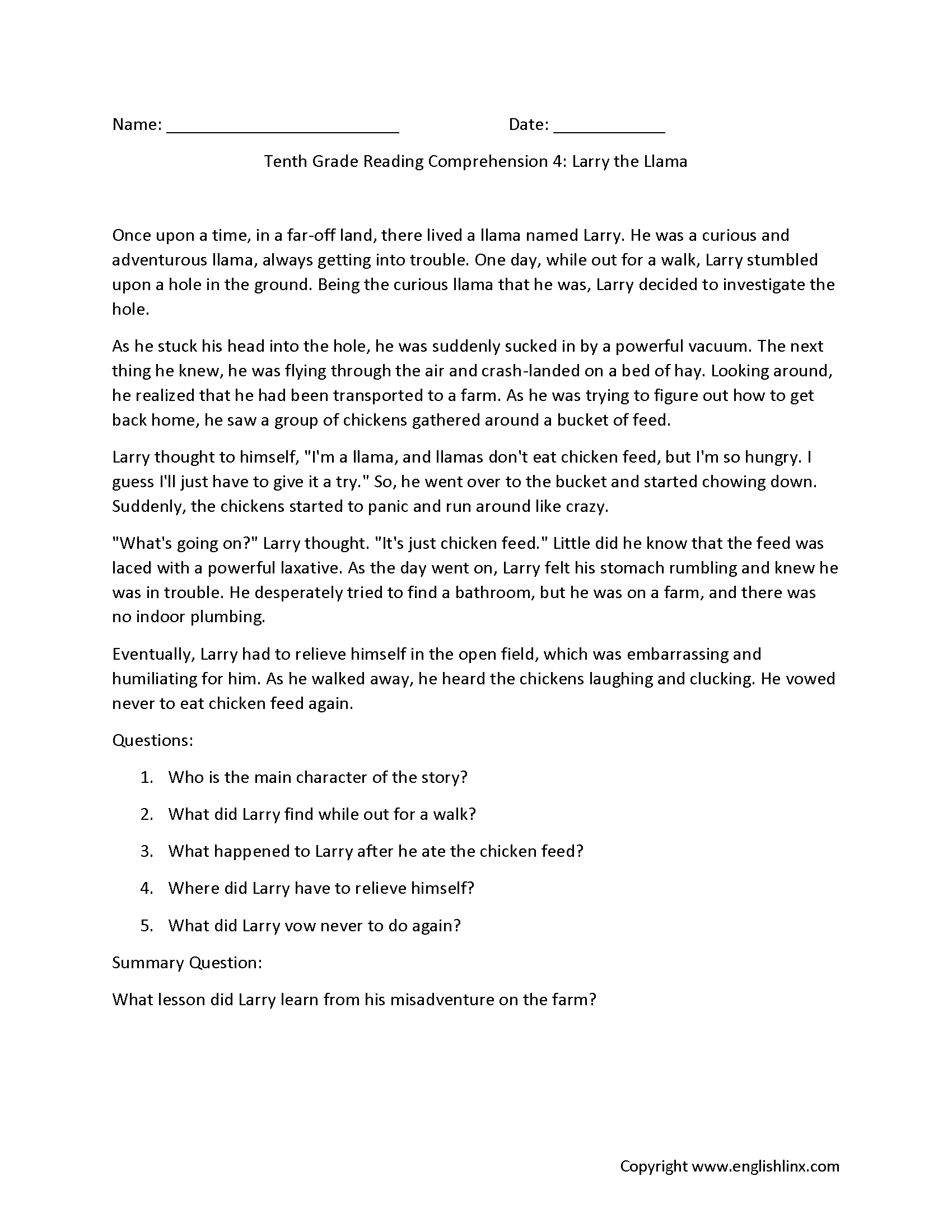 Reading Comprehension Worksheets Tenth Grade Reading Reading Comprehension Worksheets Tenth Grade Reading