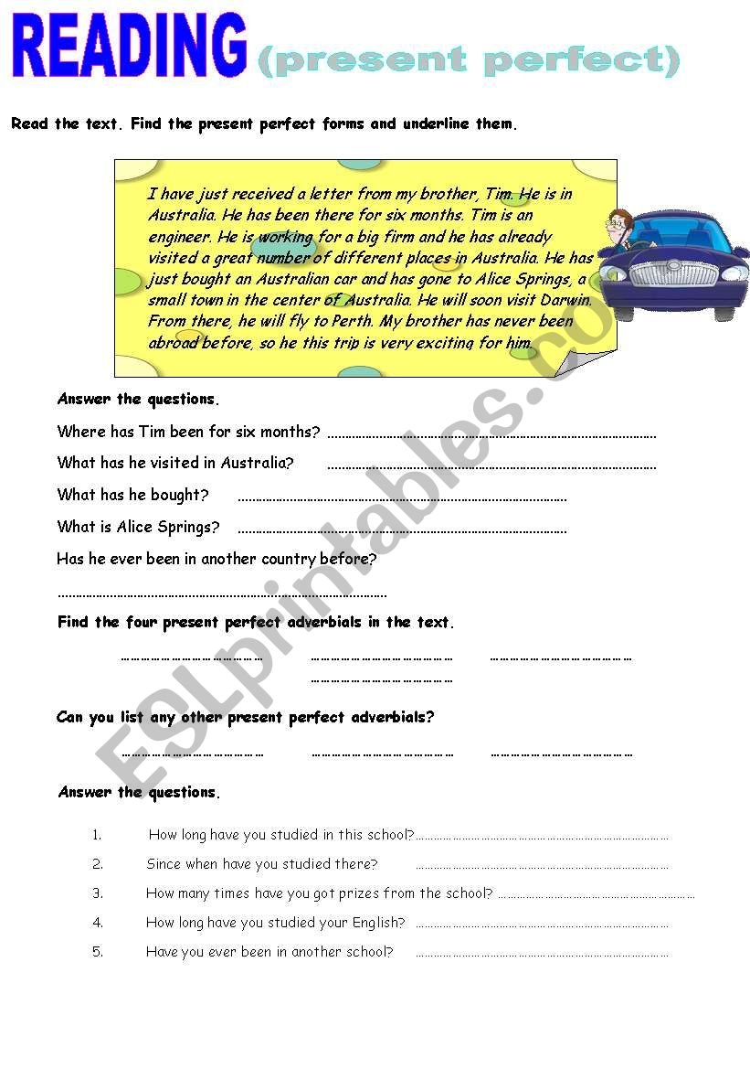 READING PRESENT PERFECT ESL Worksheet By Spanish2 READING PRESENT PERFECT ESL Worksheet By Spanish2