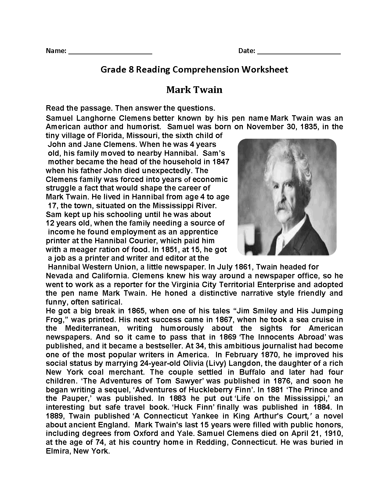 Reading Comprehension 8th Grade Reading Worksheets