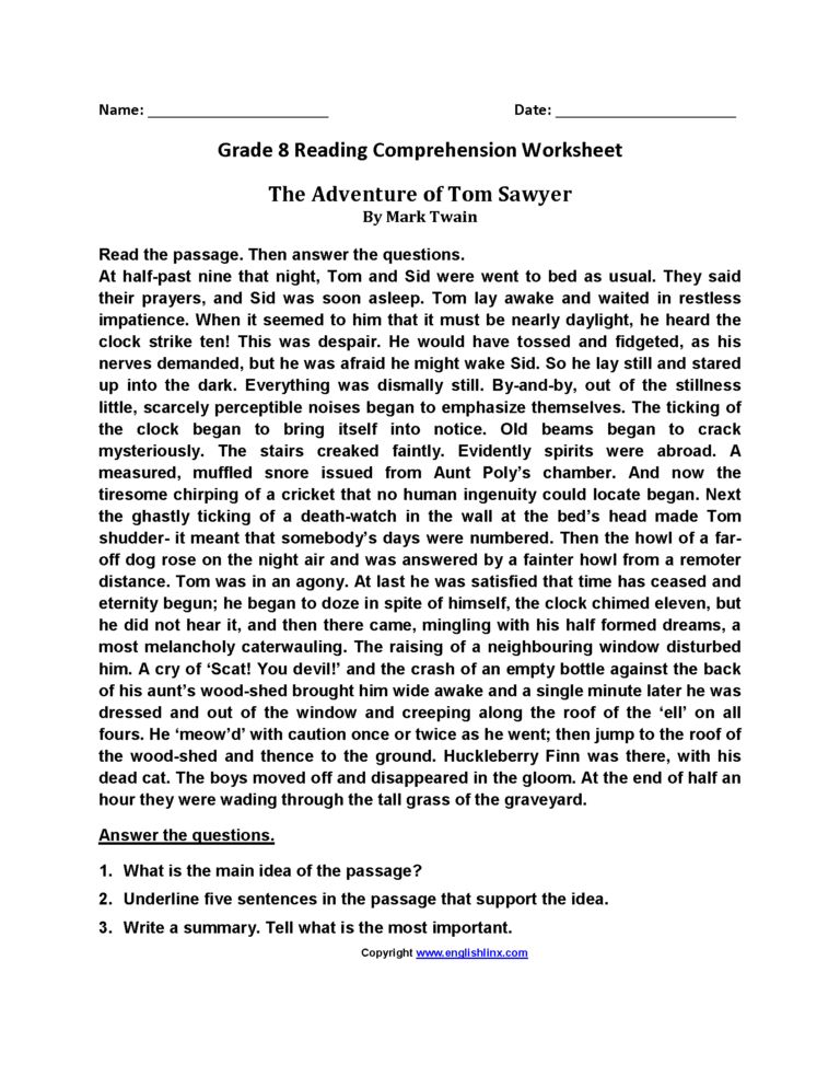 Reading Worksheets Eighth Grade Reading Worksheets