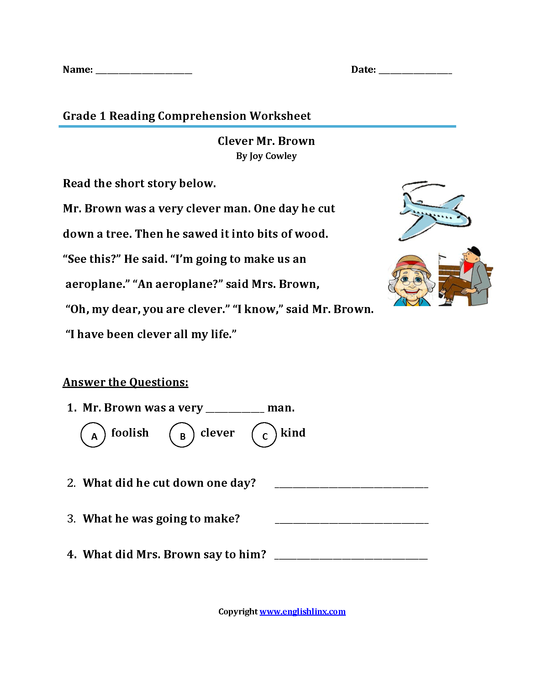 Printable Worksheets For First Grade Reading