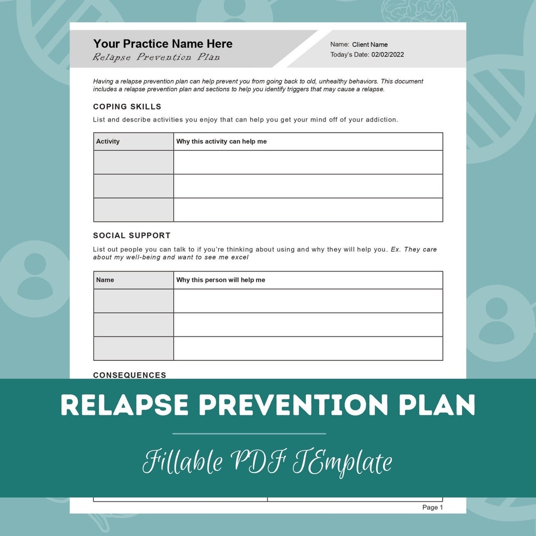 Relapse Prevention Plan Worksheet Editable Fillable PDF For Counselors Psychologists Psychiatrists Social Workers Therapists Etsy