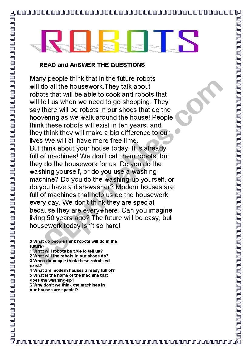 ROBOTS Reading Comprehension ESL Worksheet By Lorenc