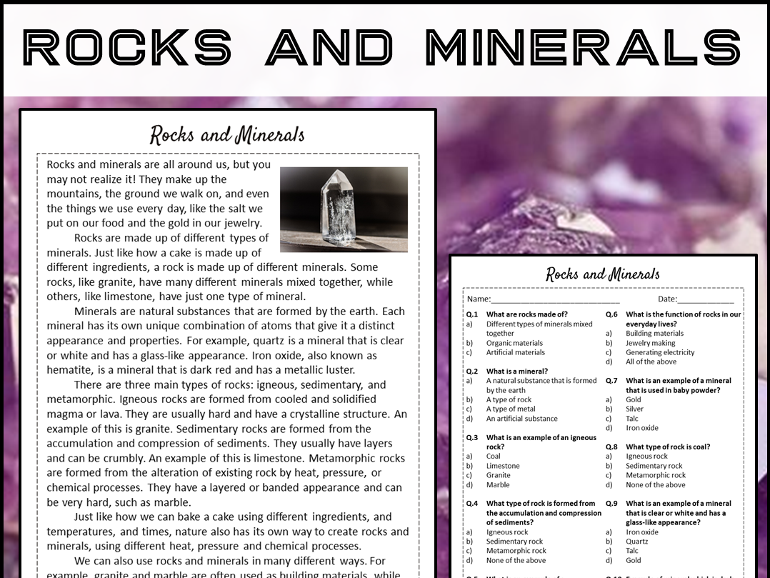 Rocks And Minerals Reading Comprehension Passage And Questions PDF Teaching Resources Rocks And Minerals Reading Comprehension Passage And Questions PDF Teaching Resources