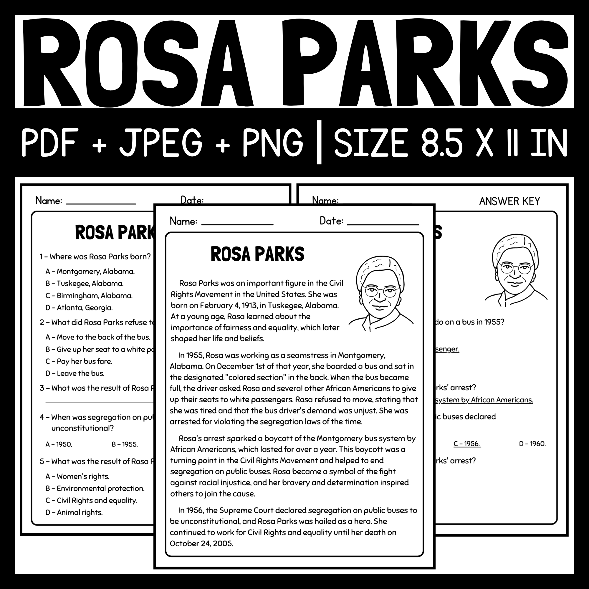 Rosa Parks Article And Reading Comprehension Questions Women s History Month