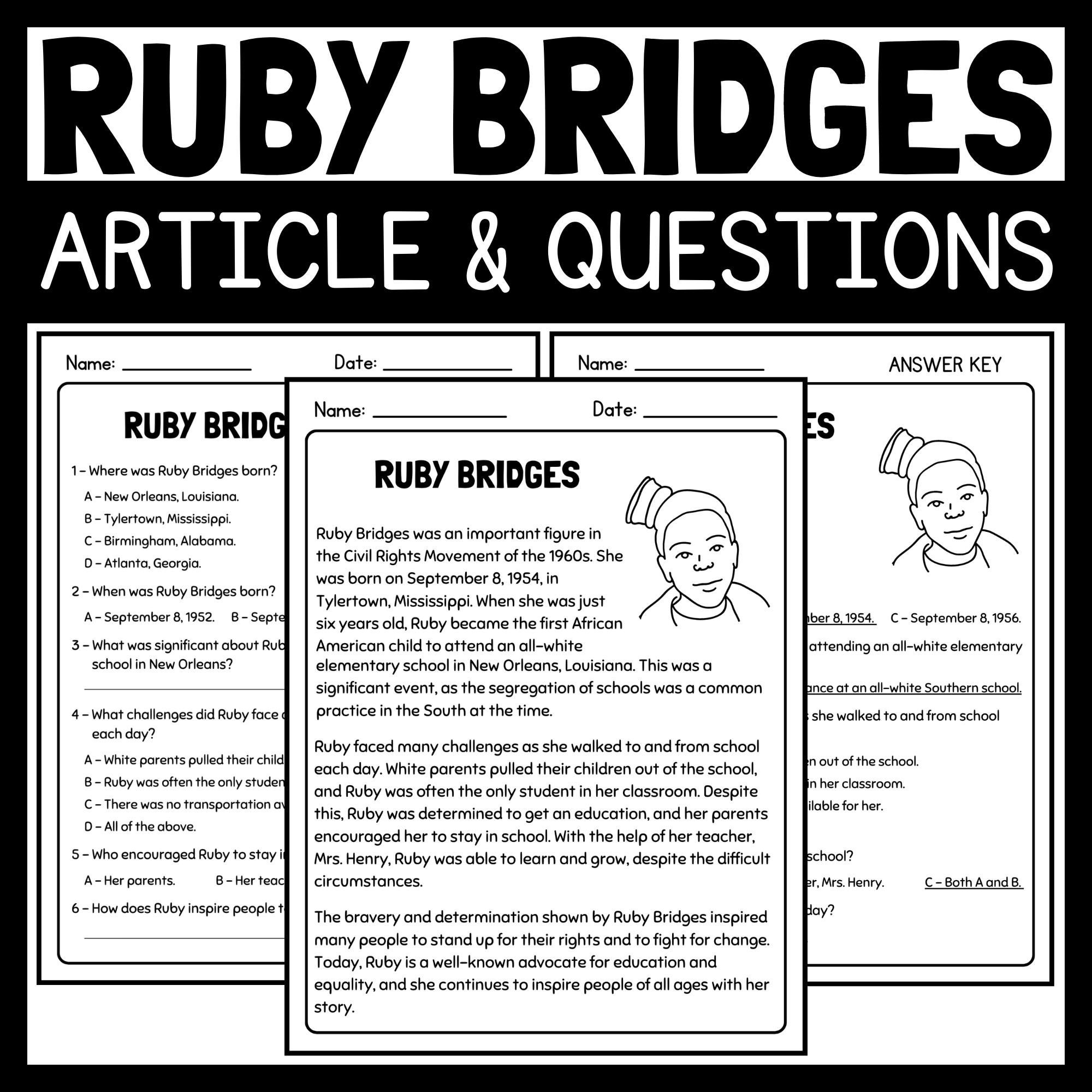 Ruby Bridges Article And Reading Comprehension Questions Women s History Month Made By Teachers