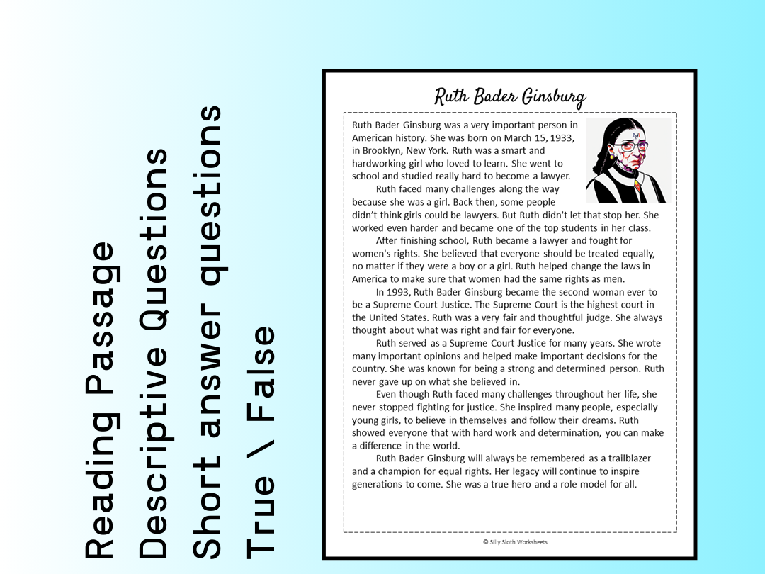 Ruth Bader Ginsburg Biography Reading Comprehension Passage Printable Worksheet PDF Teaching Resources Ruth Bader Ginsburg Biography Reading Comprehension Passage Printable Worksheet PDF Teaching Resources