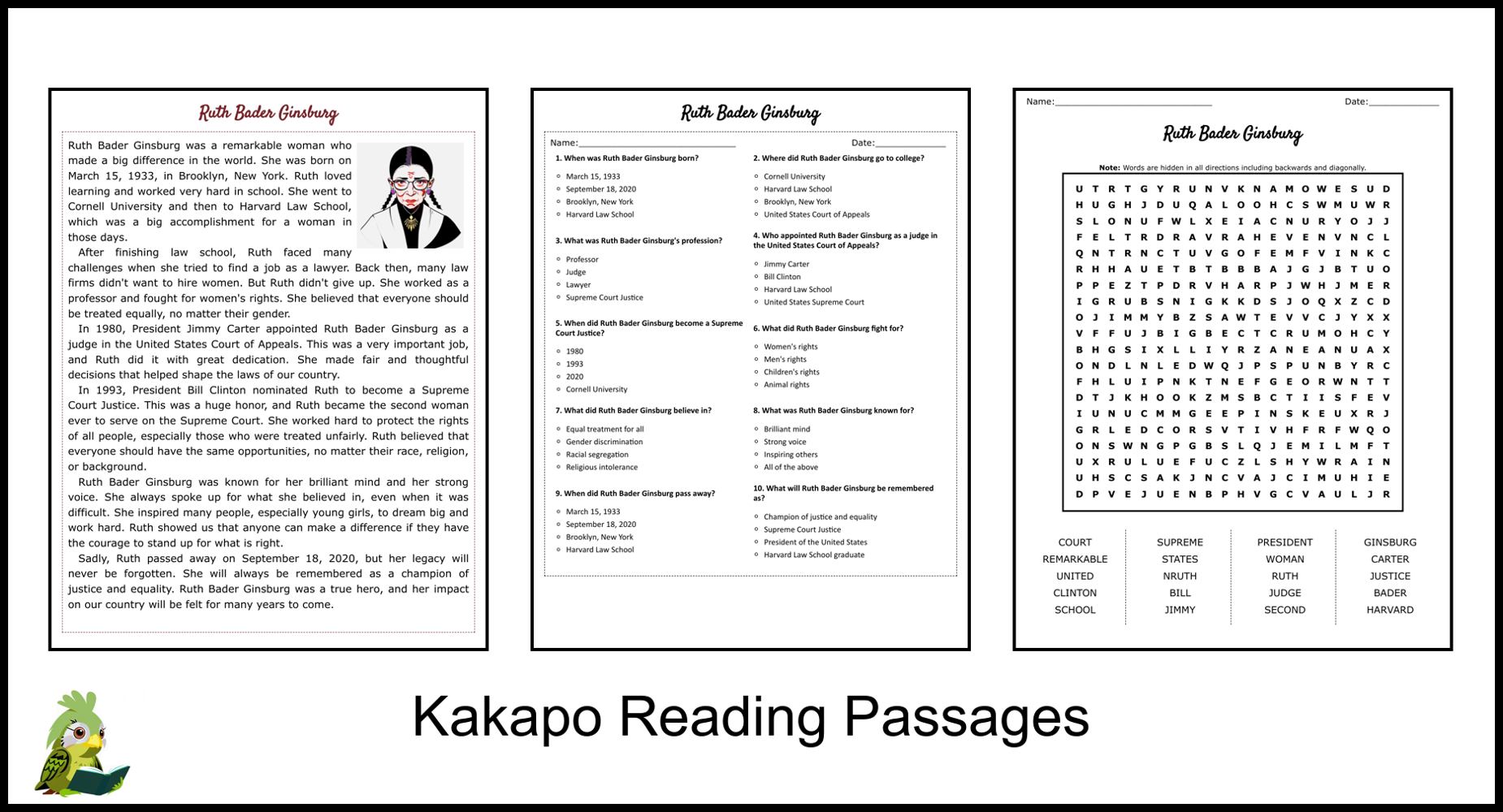 Ruth Bader Ginsburg Reading Comprehension And Word Search Teaching Resources Ruth Bader Ginsburg Reading Comprehension And Word Search Teaching Resources
