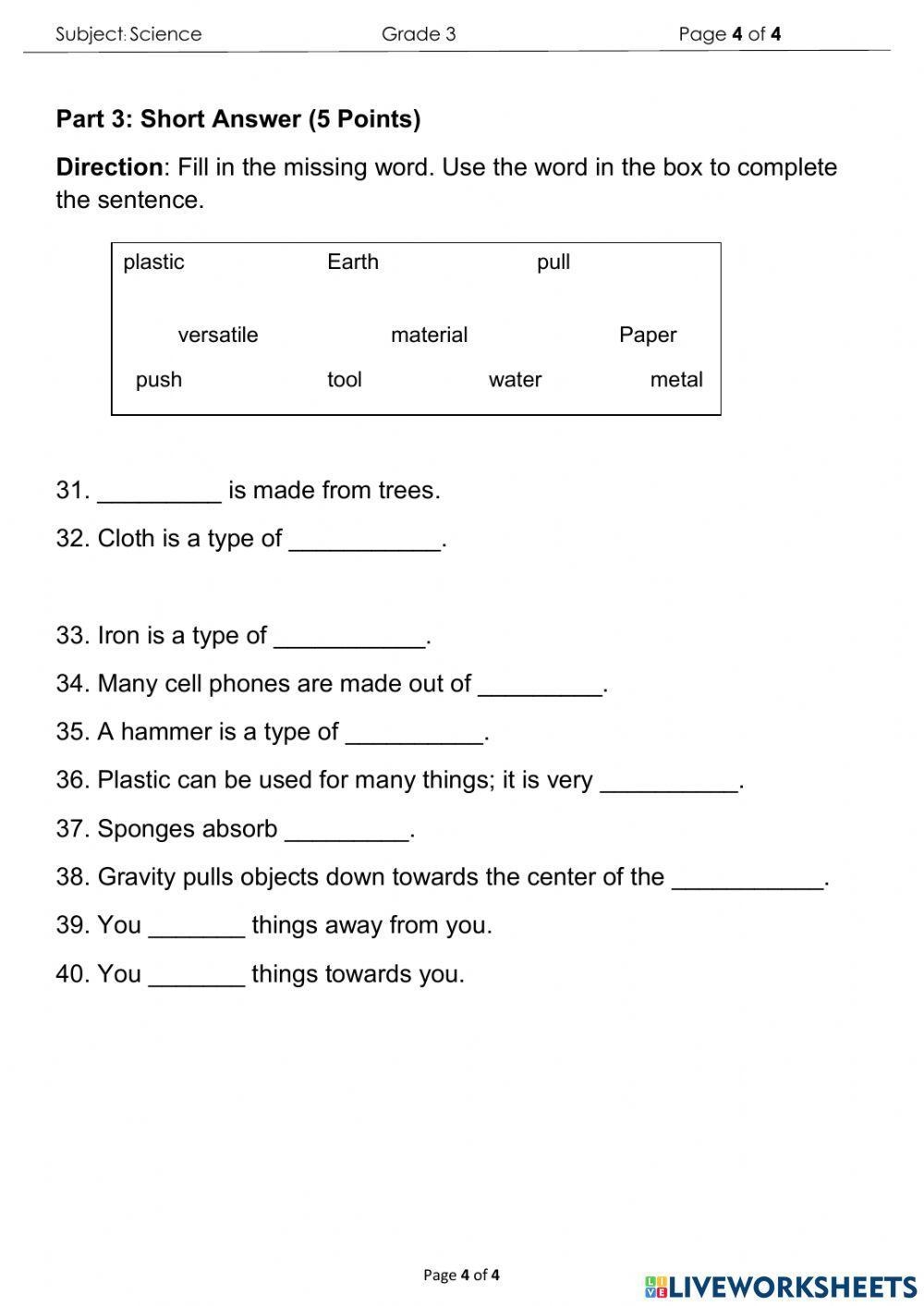 Science Final Exam For Grade 3 Interactive Worksheet Worksheets Library
