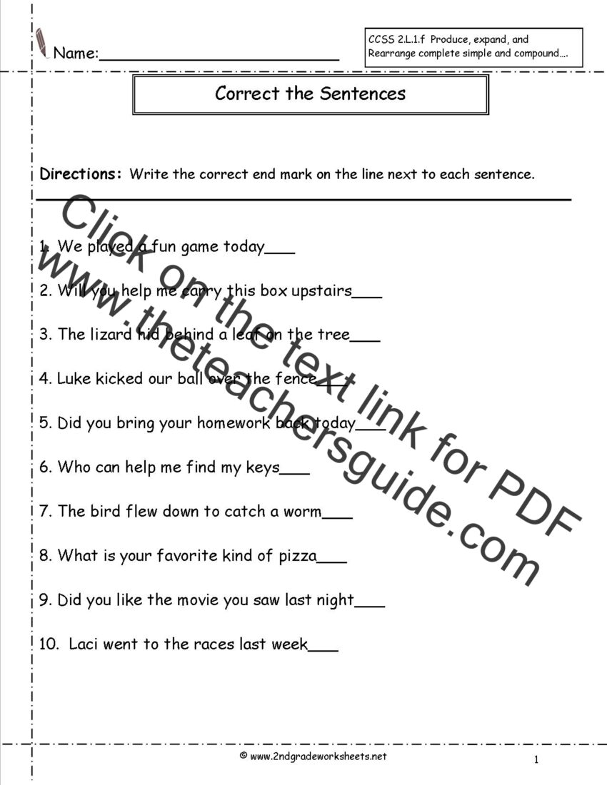 Second Grade Sentences Worksheets CCSS 2 L 1 f Worksheets