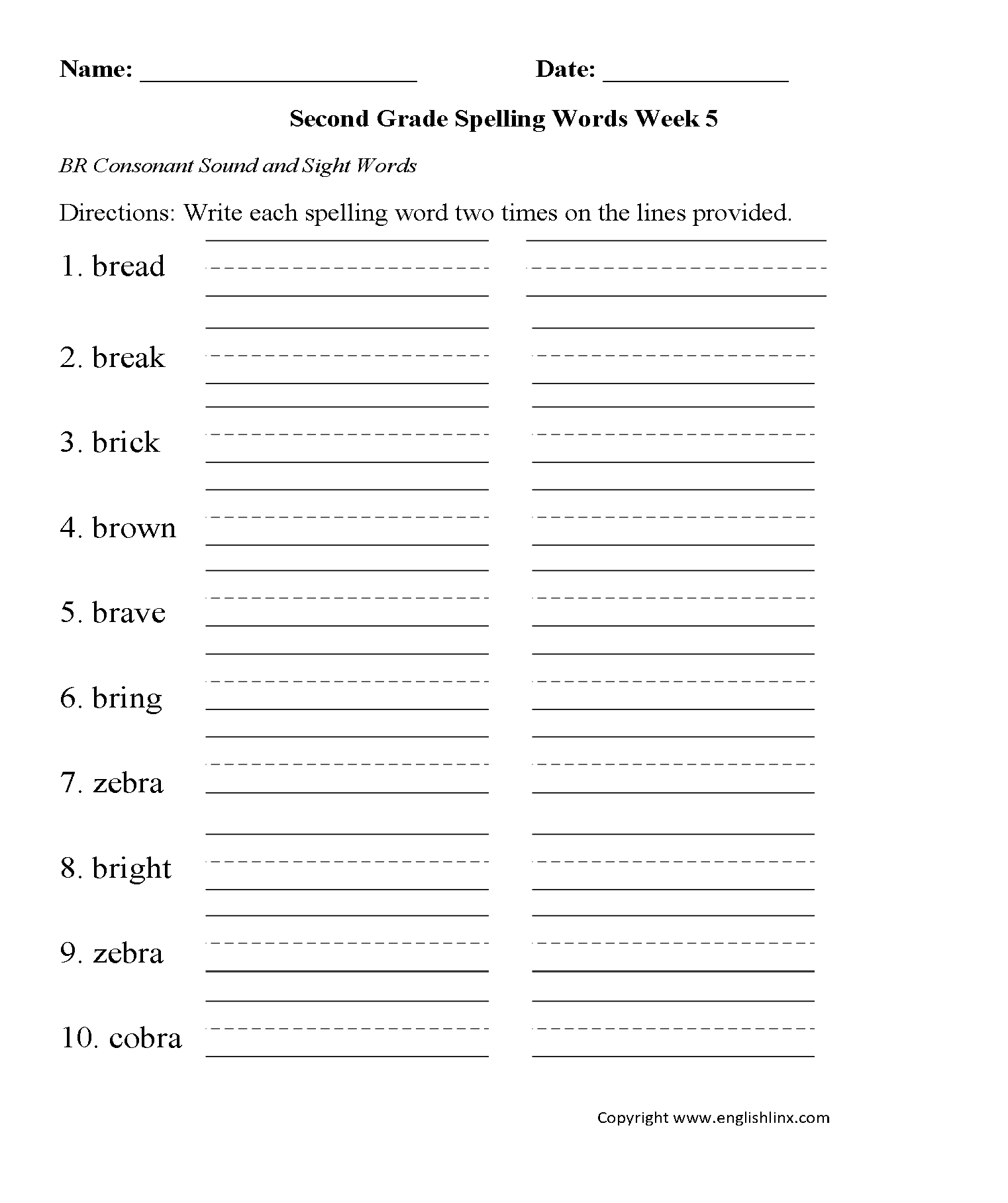 Second Grade Spelling Worksheets Free Word Lists Printable Practice