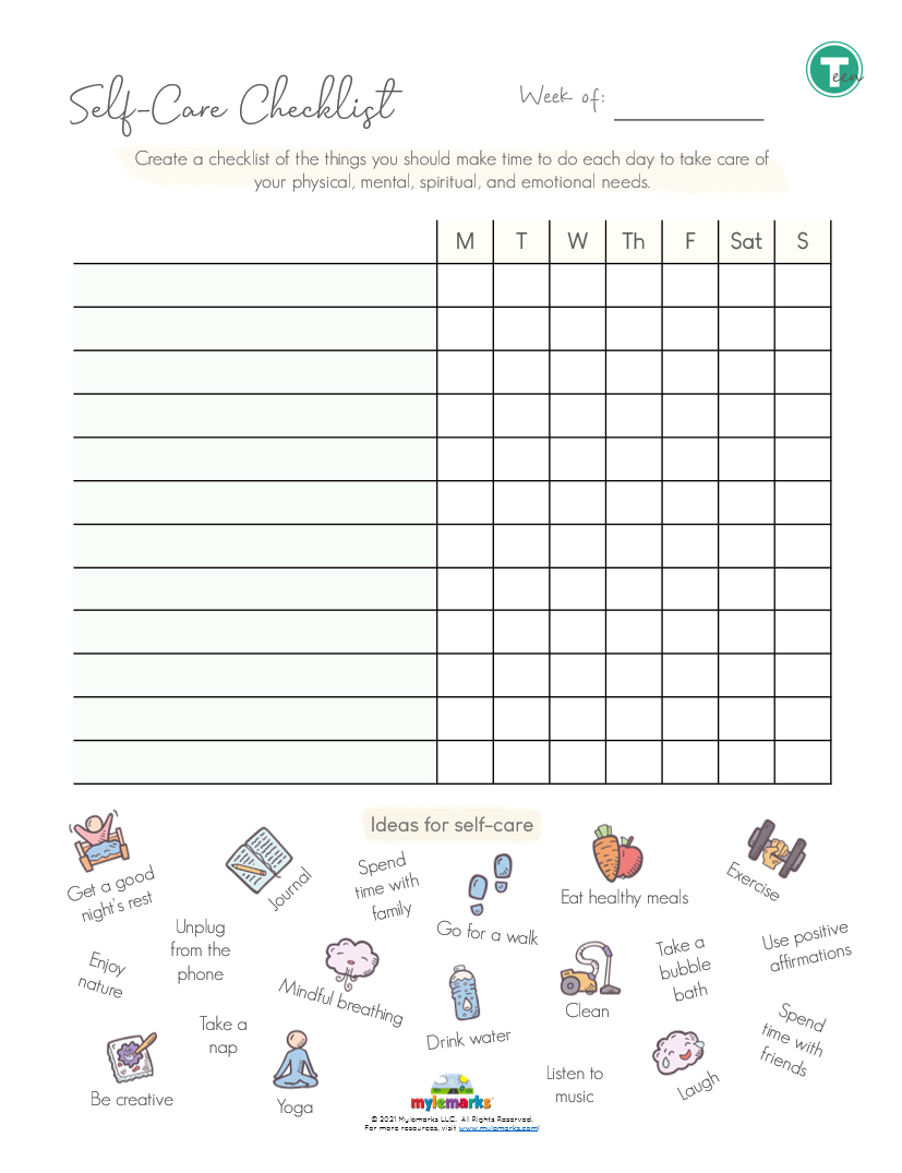 Self Care Checklist Teen F Self Care Checklist Teen F