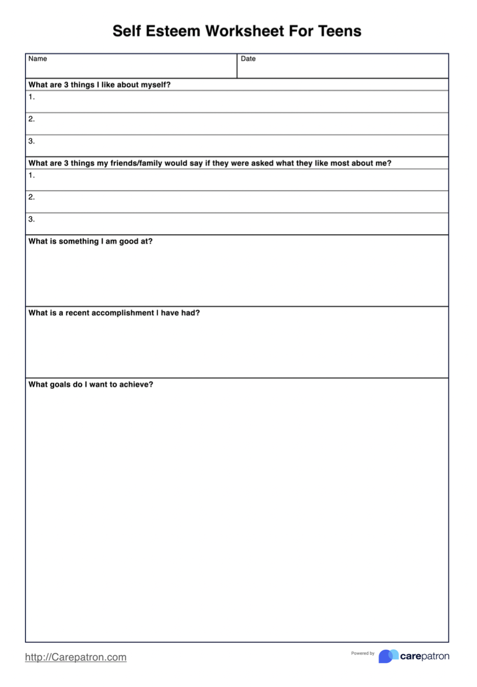 Self Esteem Worksheet For Teens Examples Carepatron Self Esteem Worksheet For Teens Examples Carepatron