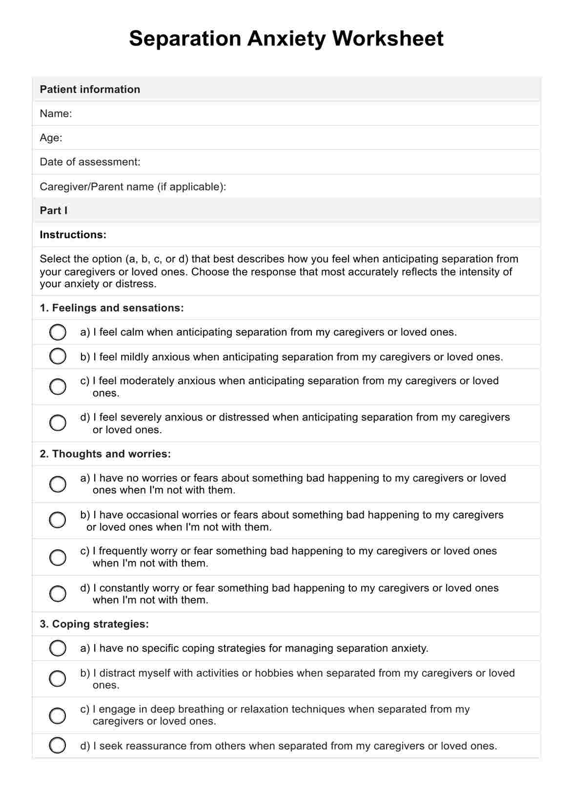 Separation Anxiety Worksheet Separation Anxiety Worksheet