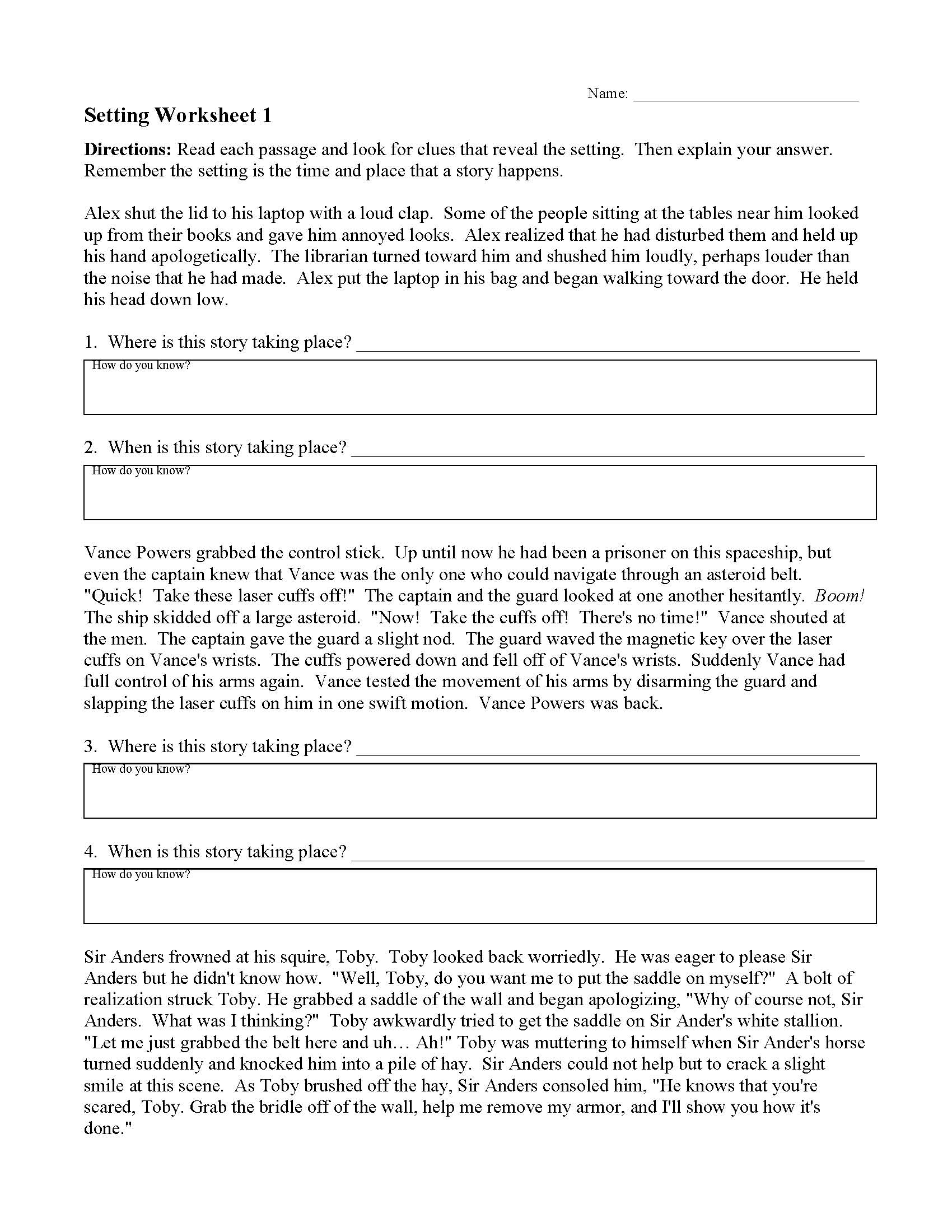 Setting Worksheet 1 Reading Activity Setting Worksheet 1 Reading Activity