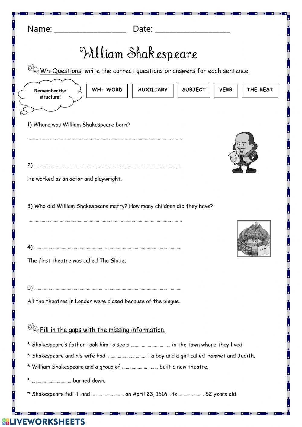 Shakespeare Printable Worksheets Shakespeare Printable Worksheets