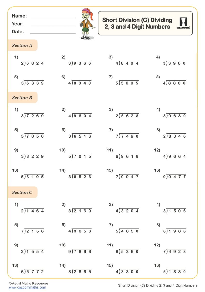 Short Division C Dividing 2 3 And 4 Digit Numbers Worksheet Fun And Engaging Year 5 PDF Worksheets