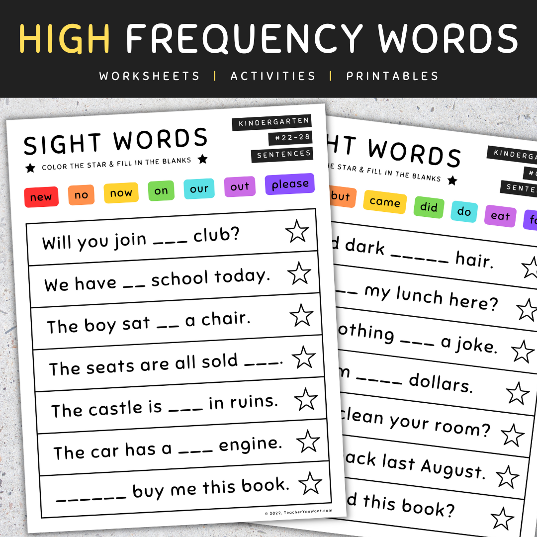 Sight Word Sentences Fill In The Blanks Kindergarten SET 7 Made By Teachers