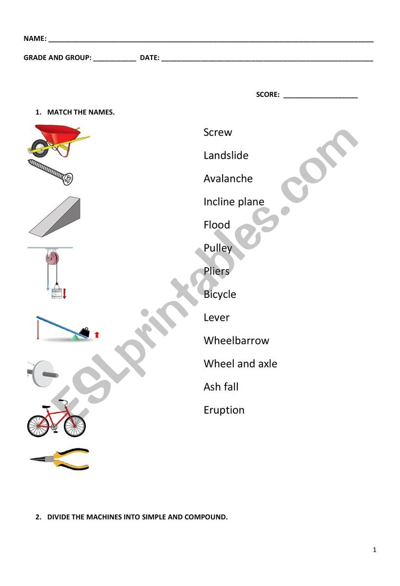 SIMPLE AND COMPOUND MACHINES TEST ESL Worksheet By Sleepyone