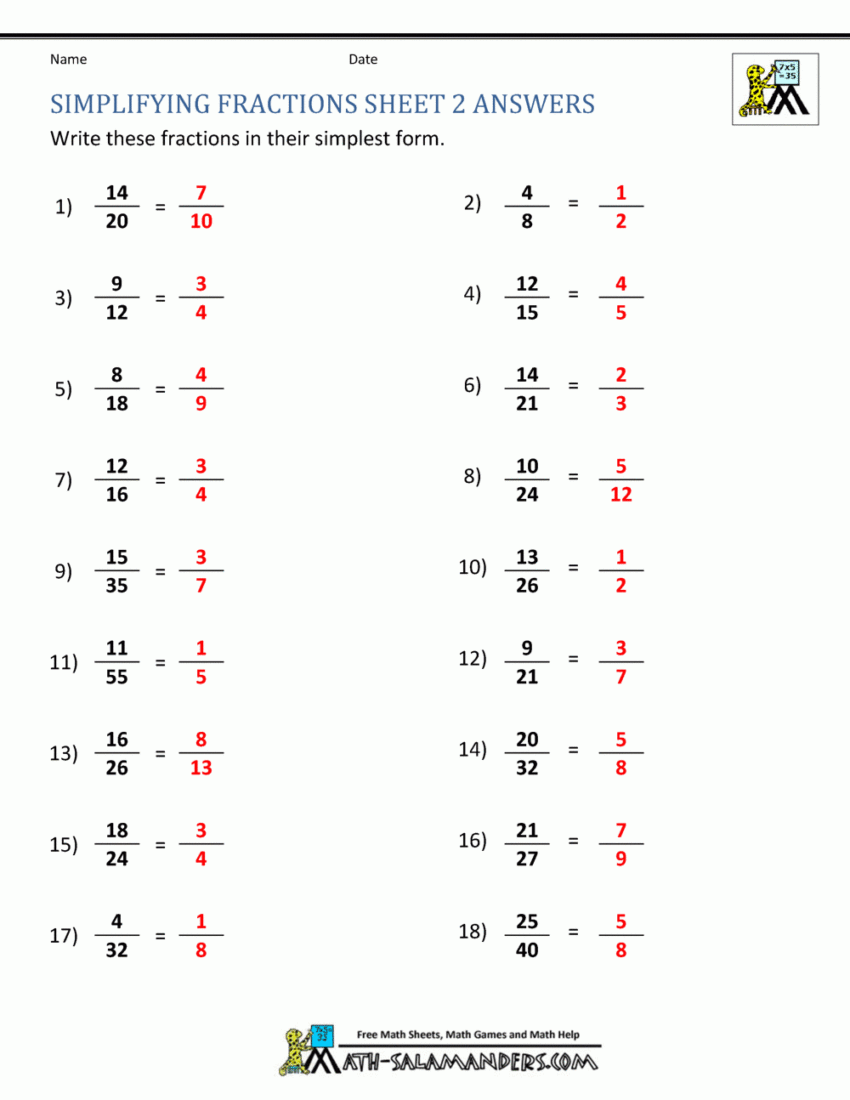 Simplifying Fractions Worksheet