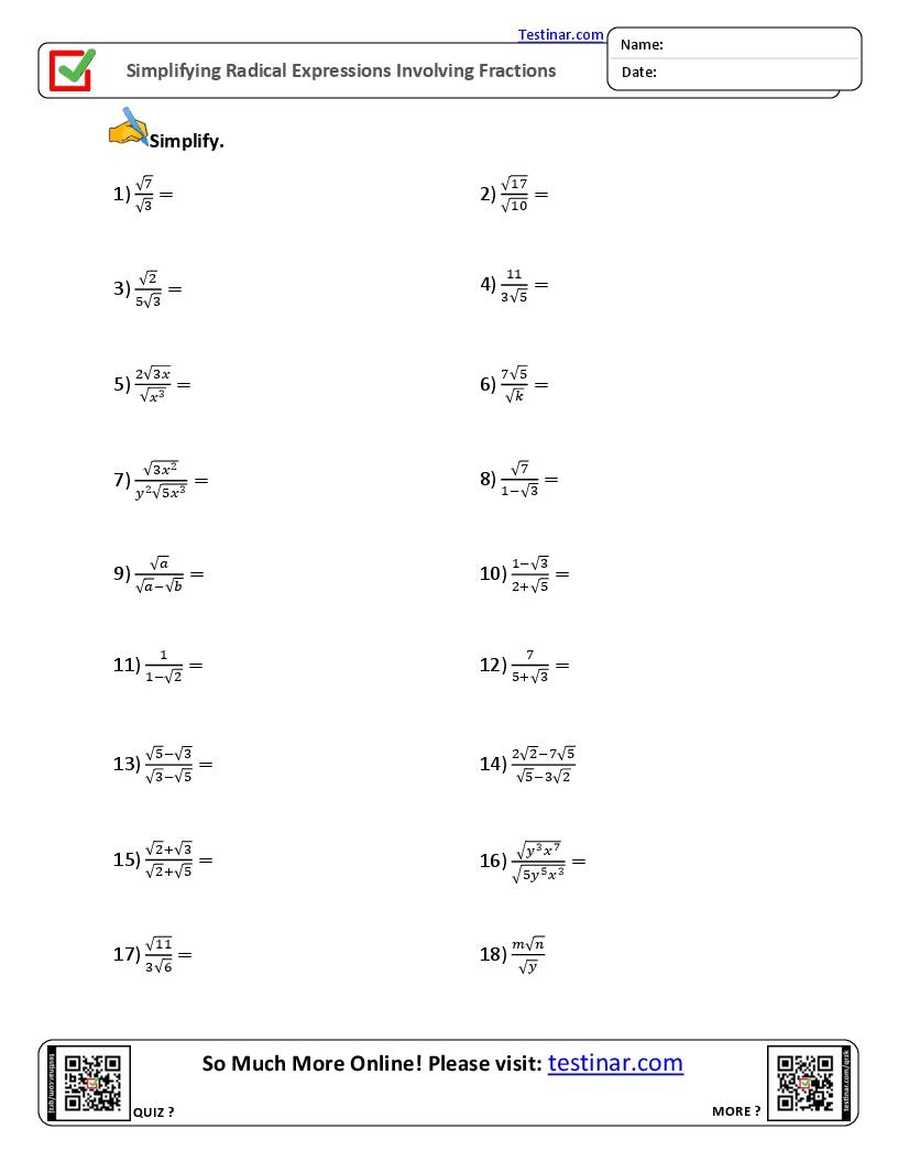 Simplifying Radical Expressions Involving Fractions Worksheets Simplifying Radical Expressions Involving Fractions Worksheets