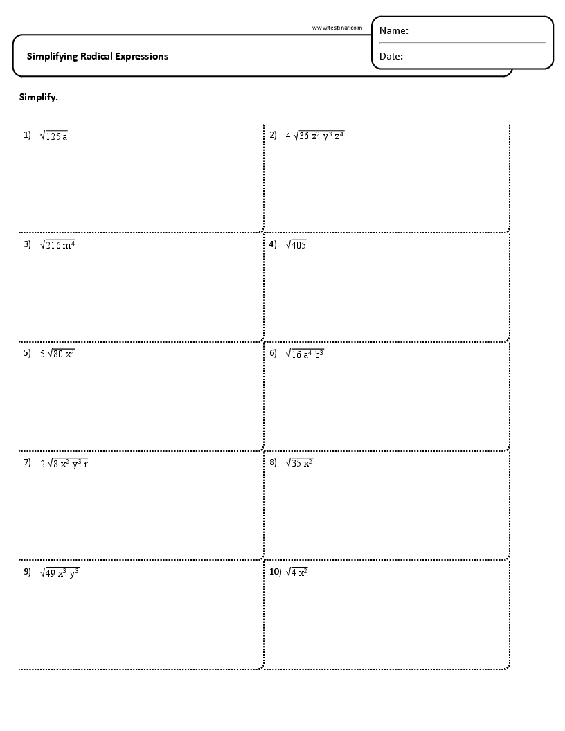 Simplifying Radical Expressions Worksheets Simplifying Radical Expressions Worksheets