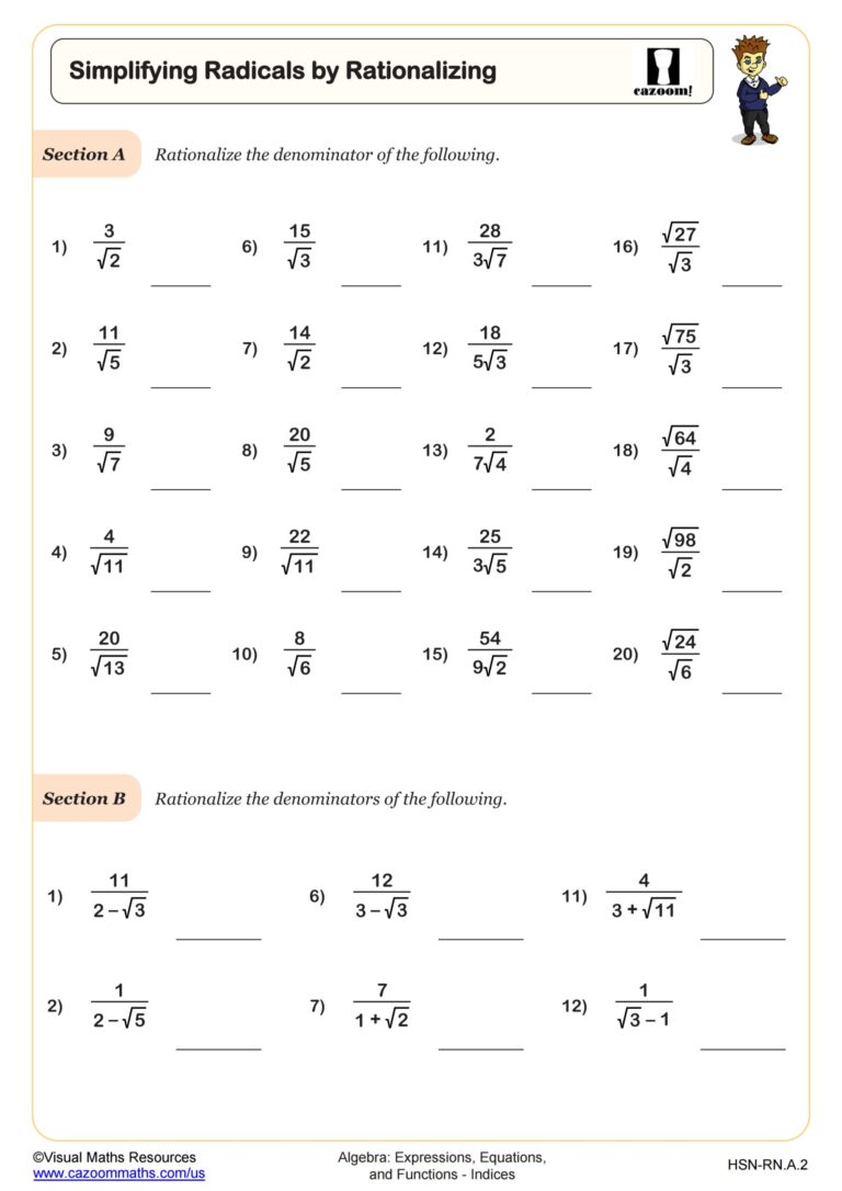 Simplifying Radicals By Rationalizing Worksheet PDF Printable 