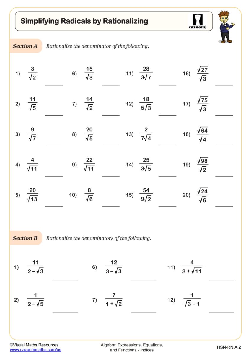 Simplifying Radicals By Rationalizing Worksheet PDF Printable