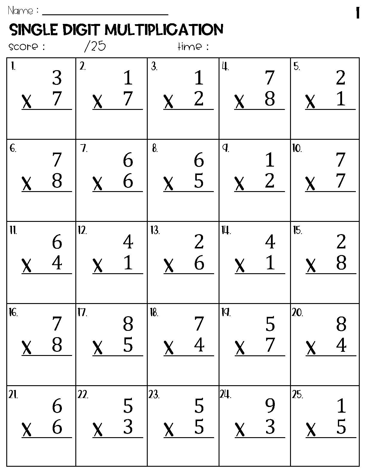 Single Digit Multiplication Worksheets Etsy