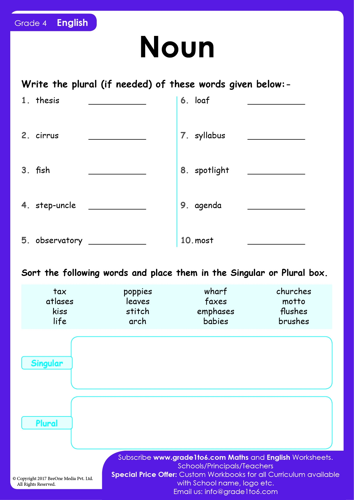 Singular Plural Worksheets Grade 4 Grade1to6