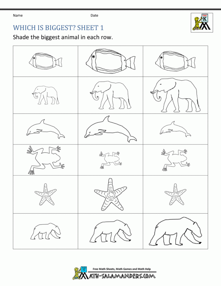 Size Worksheets Bigger Smaller Or The Same Size