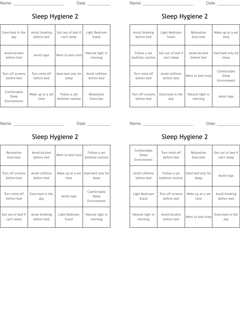 Sleep Hygiene 2 Bingo Cards WordMint