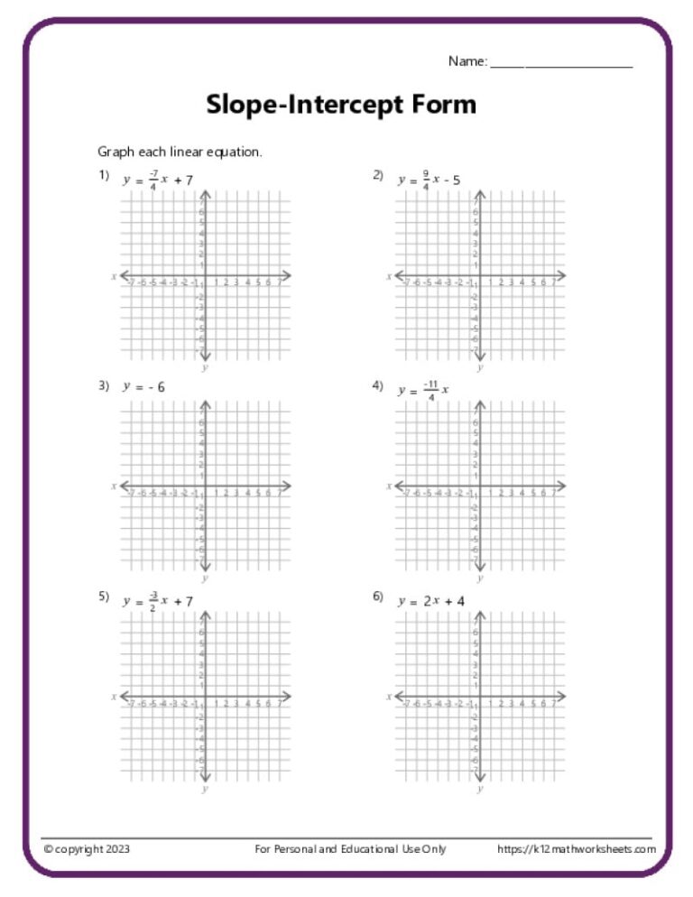 Slope Intercept Form Worksheets