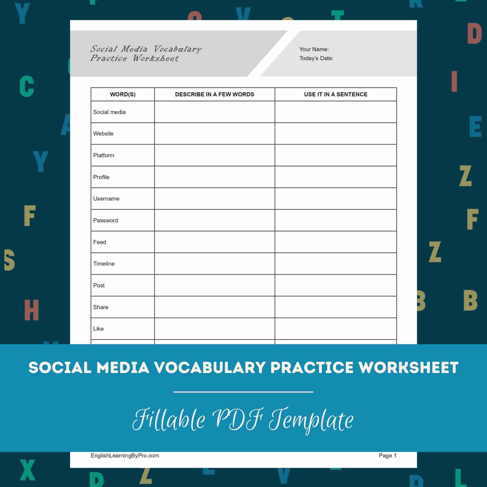 Social Media Vocabulary Practice Worksheet Editable Fillable Printable PDF EnglishLearningByPro