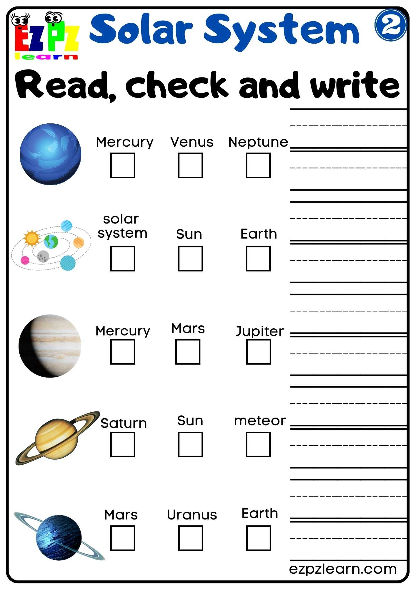 Solar System Read Check And Write Worksheet 2 For Kids Ezpzlearn Worksheets Library