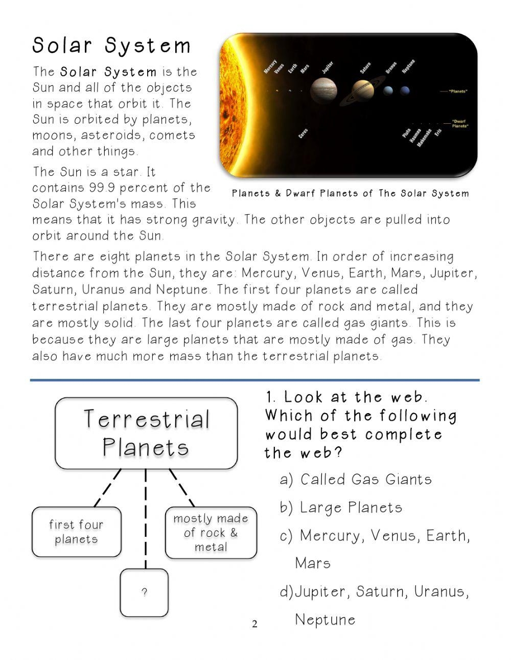 Free Solar System Reading Comprehension Worksheets