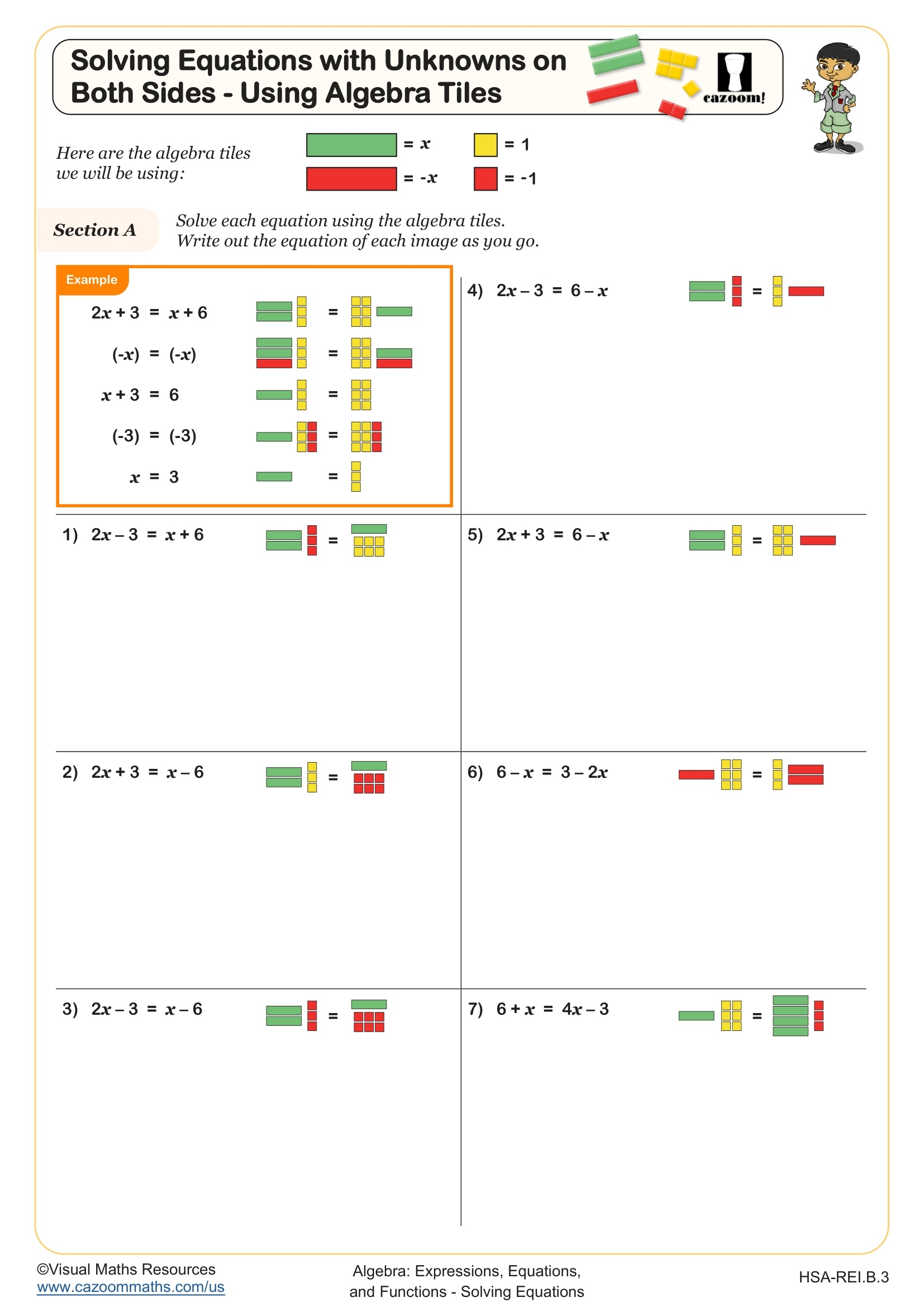 Solving Equations With Unknowns On Both Sides Using Algebra Tiles Worksheet Fun And Engaging High School Algebra Worksheet Cazoom Math Solving Equations With Unknowns On Both Sides Using Algebra Tiles Worksheet Fun And Engaging High School Algebra Worksheet Cazoom Math